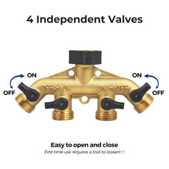 VANCOCO 4-Way Brass Garden Hose Splitter, 3/4" Heavy-Duty Hose Connector with Independent Valves
