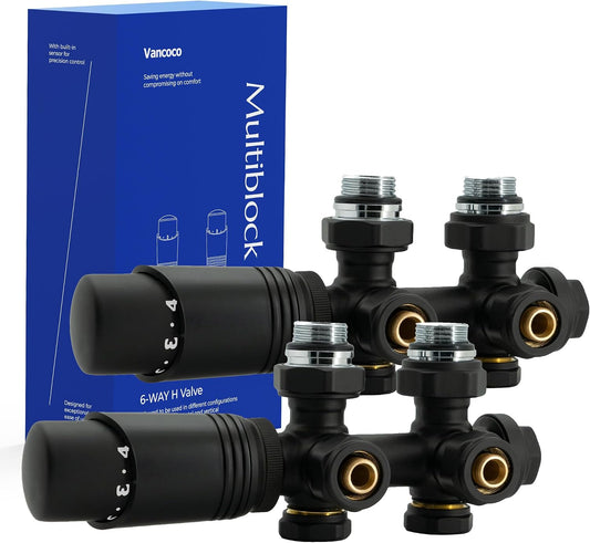 VANCOCO 2er Set Thermostat Hahnblock 50mm Eurokonus Heizkörper Armaturen | Schwarzer Hahnblock 50mm Nabenabstand, Eck & Durchgang, passend für Heizkörper Badheizkörper Eurokonus