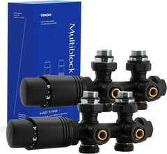 VANCOCO 2er Set Thermostat Hahnblock 50mm Eurokonus Heizkörper Armaturen | Schwarzer Hahnblock 50mm Nabenabstand, Eck & Durchgang, passend für Heizkörper Badheizkörper Eurokonus