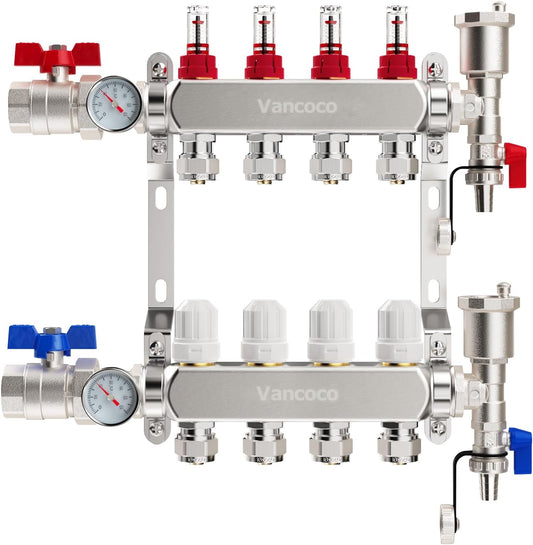 VANCOCO Heizkreisverteiler Edelstahl 4 Heizkreise Fußbodenheizung | Fußbodenheizung Verteiler mit Eurokonus 16×2 mm, Durchflussmesser 5 L/min, 1" Kugelhähne & Schnellentlüfter Set