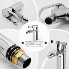 VANCOCO 52010 Bad Wasserhahn Chrom 360° Drehfunktion | Wassersparende Waschbeckenarmatur, geprüft mit 24h Salzsprühtest Klasse 10, passend für Unterbauspülen
