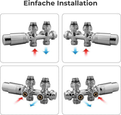 VANCOCO Chrome Thermostat Hahnblock 50mm Eurokonus Heizkörper Set | Ventil-Armaturen Set, Eck- & Durchgangsausführung, Für Heizkörper & Badheizkörper, Eurokonus Anschluss