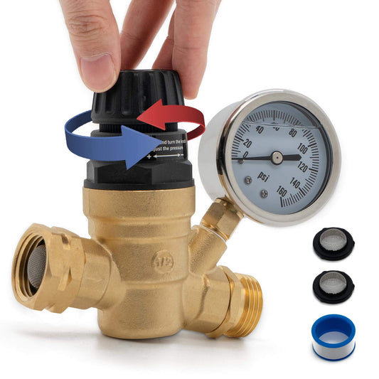 VANCOCO Adjustable RV Brass Pressure Regulator with Gauge – 45-160 PSI, 3/4" NH Thread