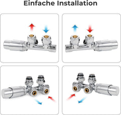 VANCOCO Chrome Thermostat Multiblock Hahnblock Eckdurchgang 50mm Nabenabstand | Multiblock Ventil-Armaturen Set mit Eurokonus, passend für Ø16×2 mm Kunststoffrohre & Ø15mm Kupferrohre für Heizkörper