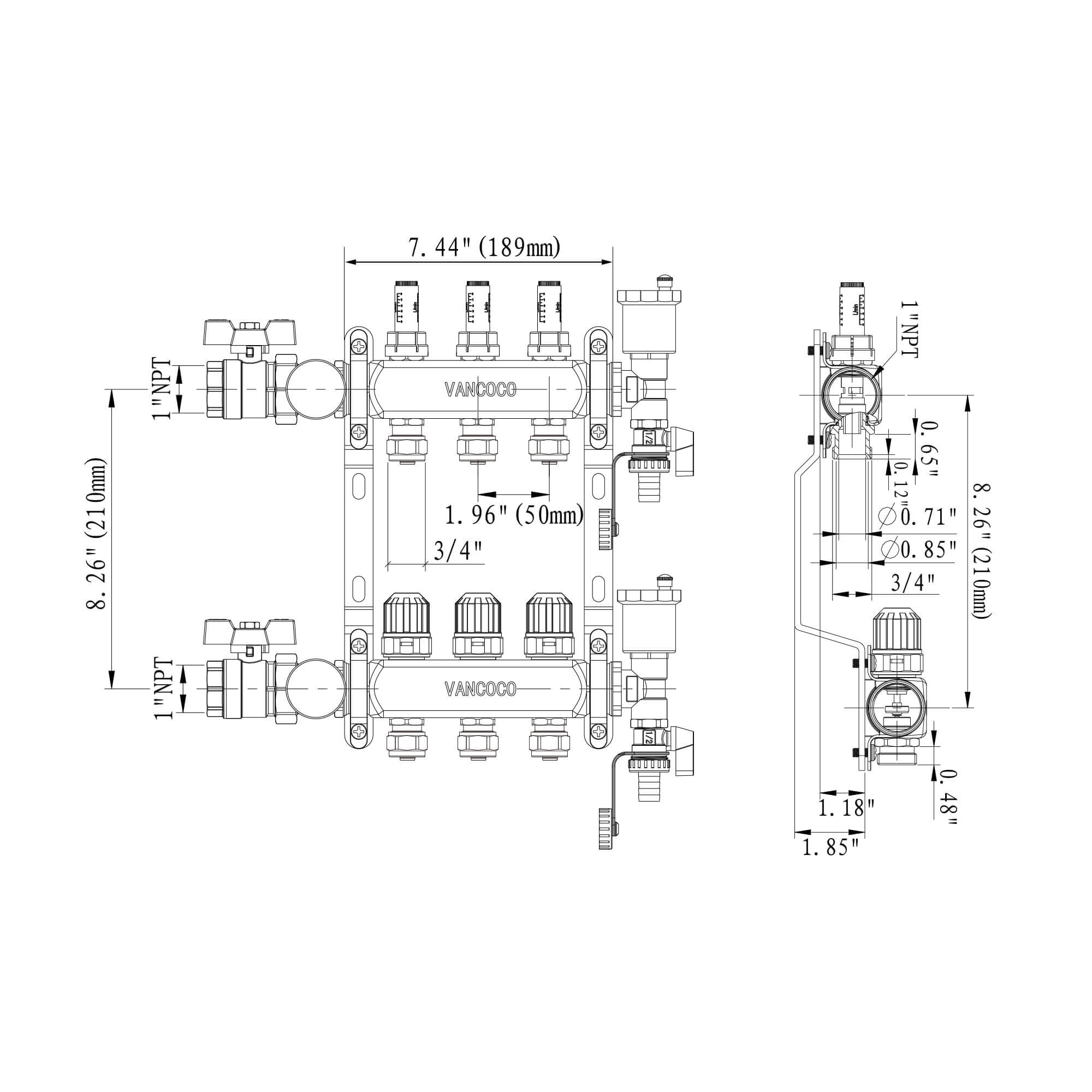 VANCOCO 3-Loop Stainless Steel PEX Manifold with 1/2" Adapters for Radiant Floor Heating