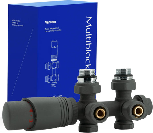 VANCOCO Anthrazit Thermostat Hahnblock 50mm Eurokonus Heizkörper | 50mm Nabenabstand, Eck- und Durchgangsform, passend für Heizkörper & Badheizkörper mit Eurokonus Anschluss