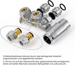 VANCOCO Chrome Thermostat Multiblock Hahnblock Eckdurchgang 50mm Nabenabstand | Multiblock Ventil-Armaturen Set mit Eurokonus, passend für Ø16×2 mm Kunststoffrohre & Ø15mm Kupferrohre für Heizkörper