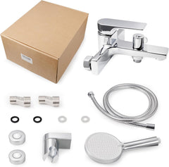 VANCOCO Wannenarmatur mit Handbrause, Komplett-Set aus hochwertigem Messing, Aufputz Badewannen-Armatur wassersparend mit Wandhalterung, Chrome