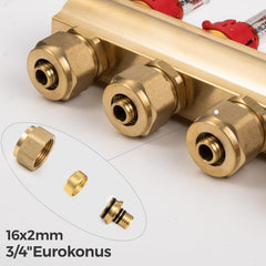 VANCOCO Heizkreisverteiler Messing 11 Heizkreise Fußbodenheizung | Verteiler mit Eurokonus 16×2 mm, Durchflussmesser & Schnellentlüfter Set