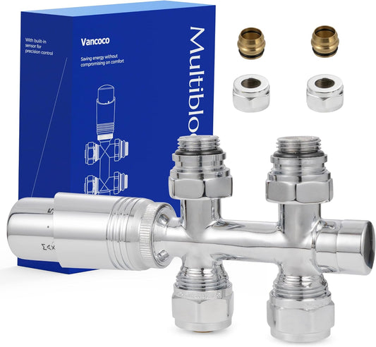 VANCOCO Chrome Thermostat Multiblock Hahnblock Durchgang 50mm Nabenabstand | Multiblock Ventil-Armaturen Set mit Eurokonus, passend für Ø16×2 mm Kunststoffrohre & Ø15mm Kupferrohre für Heizkörper