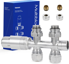 VANCOCO Chrome Thermostat Multiblock Hahnblock Durchgang 50mm Nabenabstand | Multiblock Ventil-Armaturen Set mit Eurokonus, passend für Ø16×2 mm Kunststoffrohre & Ø15mm Kupferrohre für Heizkörper