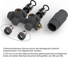 VANCOCO Anthrazit Thermostat Hahnblock 50mm Eurokonus Heizkörper | 50mm Nabenabstand, Eck- und Durchgangsform, passend für Heizkörper & Badheizkörper mit Eurokonus Anschluss