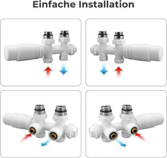 VANCOCO 2er Set Weiß Thermostat Hahnblock 50mm Eurokonus Heizkörper | 50mm Nabenabstand, Eck- und Durchgangsform, passend für Heizkörper & Badheizkörper mit Eurokonus Anschluss