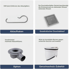 VANCOCO Edelstahl Bodenablauf 150×150 mm, 2-in-1 Befliesbar mit Dichtring | Extra flach, doppelseitig, 360° Siphon mit Geruchsverschluss, Haarsieb und Dichtring für Duschboden