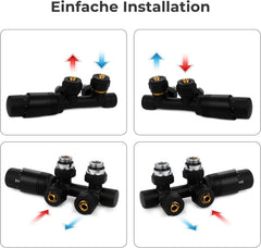 VANCOCO Schwarz Thermostat Multiblock Hahnblock Eckdurchgang 50mm Nabenabstand | Multiblock Ventil-Armaturen Set mit Eurokonus, passend für Ø16×2 mm Kunststoffrohre & Ø15mm Kupferrohre für Heizkörper