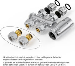 VANCOCO 2 Stk. Chrome Thermostat Multiblock Hahnblock Durchgang 50mm Nabenabstand | Multiblock Ventil-Armaturen Set mit Eurokonus, passend für Ø16×2 mm Kunststoffrohre & Ø15mm Kupferrohre für Heizkörper