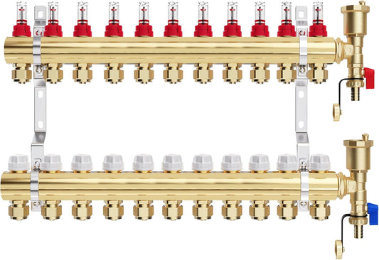 VANCOCO Heizkreisverteiler Messing 11 Heizkreise Fußbodenheizung | Verteiler mit Eurokonus 16×2 mm, Durchflussmesser & Schnellentlüfter Set