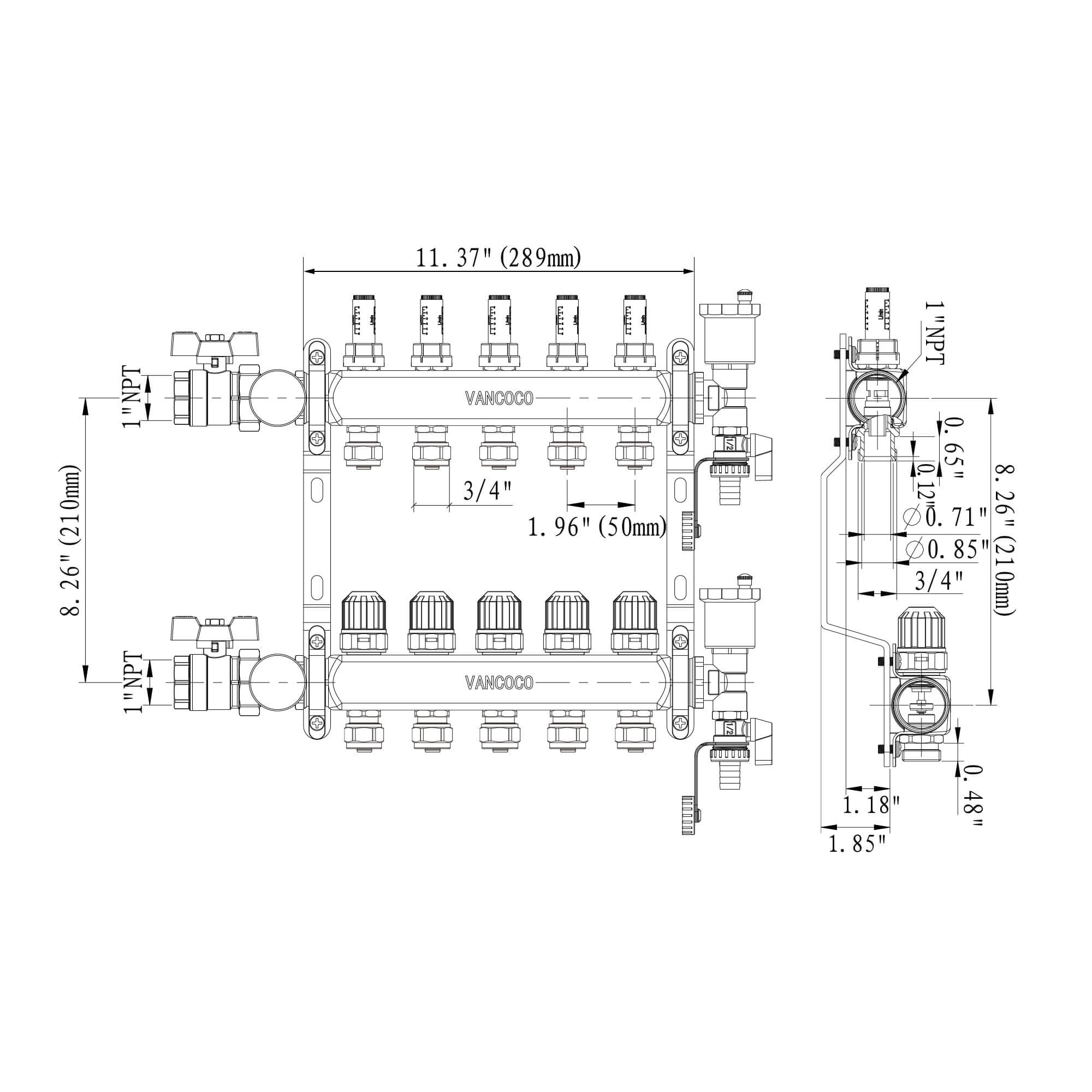 VANCOCO 5-Loop Stainless Steel PEX Manifold with 1/2" Adapters for Radiant Floor Heating