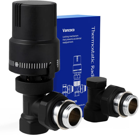 VANCOCO 1/2" Eck Vollschwarz Thermostatventil + Rücklaufventil Set | Flüssigfühler, Dichtringanschluss, Frostschutzstellung, Norm EN215 Heizungsventil Zubehör