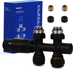 VANCOCO Schwarz Thermostat Multiblock Hahnblock Durchgang 50mm Nabenabstand | Multiblock Ventil-Armaturen Set mit Eurokonus, passend für Ø16×2 mm Kunststoffrohre & Ø15mm Kupferrohre für Heizkörper