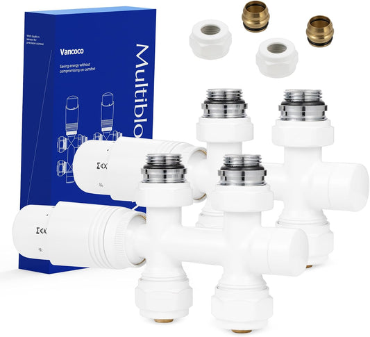 VANCOCO 2 Stk. Weiß Thermostat Multiblock Hahnblock Durchgang 50mm Nabenabstand | Multiblock Ventil-Armaturen Set mit Eurokonus, passend für Ø16×2 mm Kunststoffrohre & Ø15mm Kupferrohre für Heizkörper