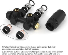 VANCOCO 2er Set Thermostat Hahnblock 50mm Eurokonus Heizkörper Armaturen | Schwarzer Hahnblock 50mm Nabenabstand, Eck & Durchgang, passend für Heizkörper Badheizkörper Eurokonus