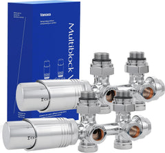 VANCOCO 2er Set Chrome Thermostat Hahnblock 50mm Eurokonus Heizkörper | 50mm Nabenabstand, Eck- und Durchgangsform, passend für Heizkörper & Badheizkörper mit Eurokonus Anschluss