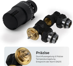 VANCOCO 1/2" Eck Vollschwarz Thermostatventil + Rücklaufventil Set | Flüssigfühler, Dichtringanschluss, Frostschutzstellung, Norm EN215 Heizungsventil Zubehör