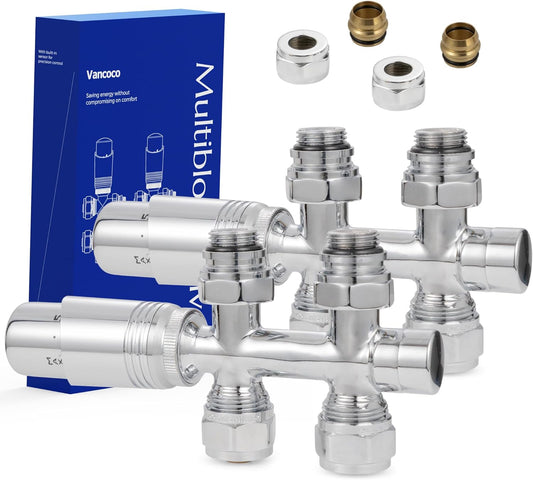 VANCOCO 2 Stk. Chrome Thermostat Multiblock Hahnblock Durchgang 50mm Nabenabstand | Multiblock Ventil-Armaturen Set mit Eurokonus, passend für Ø16×2 mm Kunststoffrohre & Ø15mm Kupferrohre für Heizkörper