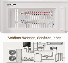 VANCOCO Heizkreisverteiler 12 Heizkreise Wasserfußbodenheizung | Verteiler mit Eurokonus 16×2 mm, 1" kompakte Kugelhähne, Durchflussmesser 5 L/min & Schnellentlüfter Set