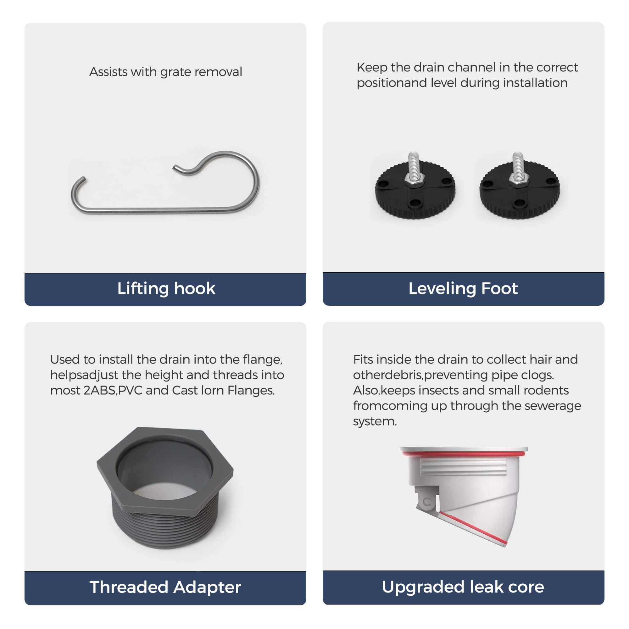 VANCOCO 24" Linear Shower Drain, Brushed 304 Stainless Steel with 2-in-1 Tile Insert Grate, Adjustable Feet & Hair Strainer