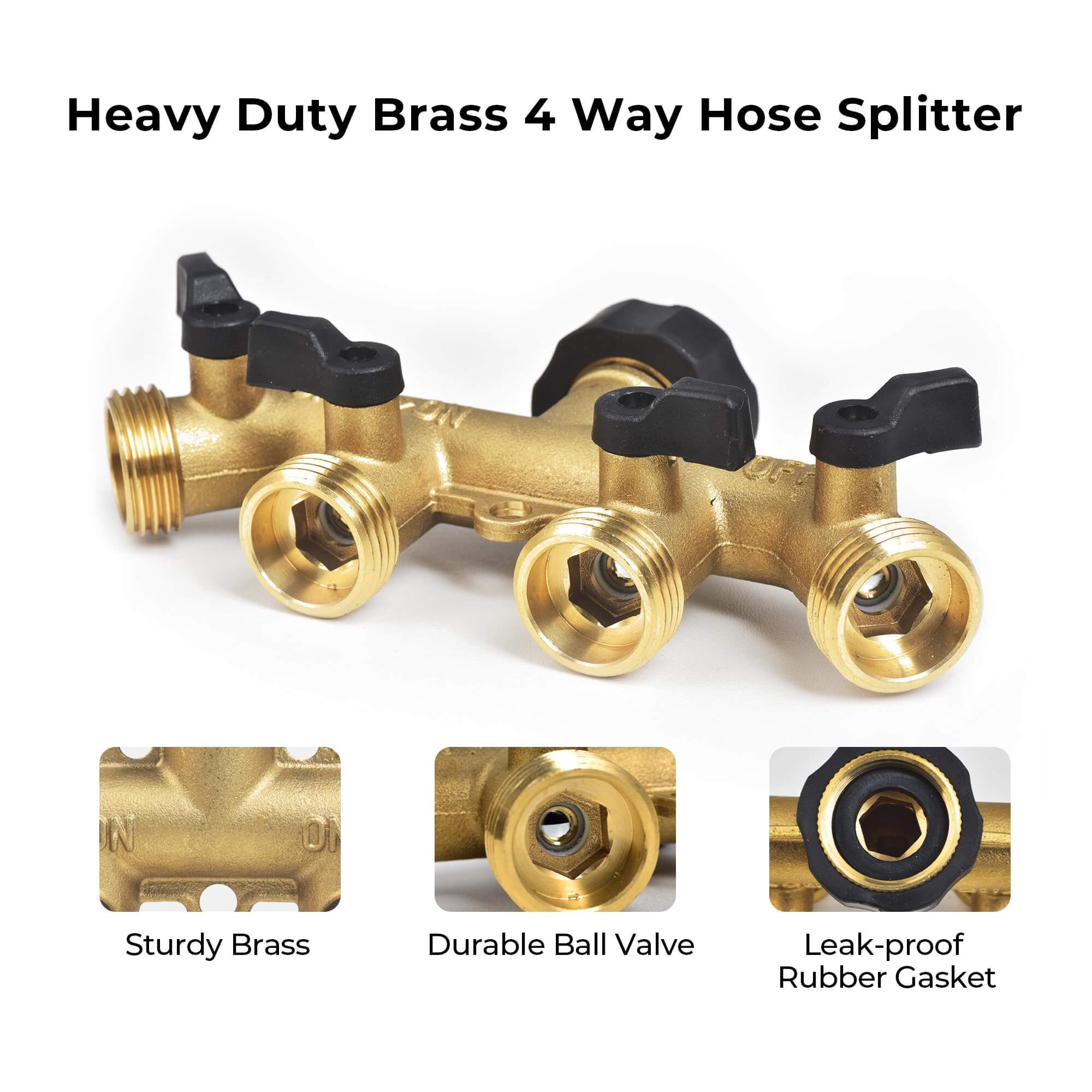 VANCOCO 4-Way Brass Garden Hose Splitter, 3/4" Heavy-Duty Hose Connector with Independent Valves