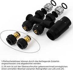 VANCOCO Schwarz Thermostat Multiblock Hahnblock Durchgang 50mm Nabenabstand | Multiblock Ventil-Armaturen Set mit Eurokonus, passend für Ø16×2 mm Kunststoffrohre & Ø15mm Kupferrohre für Heizkörper