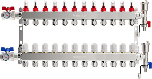 VANCOCO Heizkreisverteiler 12 Heizkreise Wasserfußbodenheizung | Verteiler mit Eurokonus 16×2 mm, 1" kompakte Kugelhähne, Durchflussmesser 5 L/min & Schnellentlüfter Set