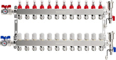 VANCOCO Heizkreisverteiler 12 Heizkreise Wasserfußbodenheizung | Verteiler mit Eurokonus 16×2 mm, 1" kompakte Kugelhähne, Durchflussmesser 5 L/min & Schnellentlüfter Set