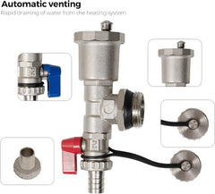 VANCOCO Schnellentlüfter Set, Automatische Entlüftungs-Ablassvorrichtung für Fußbodenheizung, 1 Zoll DN25 (Verteileranschluss) und 1/2 Zoll DN15 (Ablass), Messingkomponenten mit Automatikentlüfter