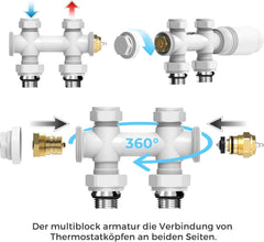 VANCOCO 2er Set Weiß Thermostat Hahnblock 50mm Eurokonus Heizkörper | 50mm Nabenabstand, Eck- und Durchgangsform, passend für Heizkörper & Badheizkörper mit Eurokonus Anschluss