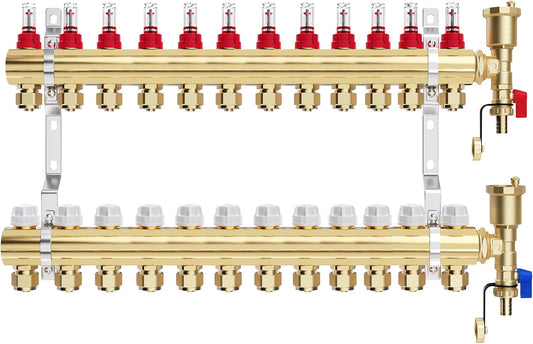 VANCOCO Heizkreisverteiler Messing 12 Heizkreise Fußbodenheizung | Verteiler mit Eurokonus 16×2 mm, Durchflussmesser & Schnellentlüfter Set