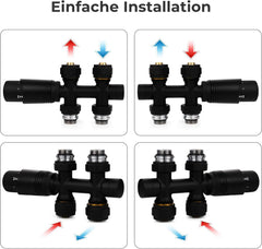VANCOCO 2 Stk. Schwarz Thermostat Multiblock Hahnblock Durchgang 50mm Nabenabstand | Multiblock Ventil-Armaturen Set mit Eurokonus, passend für Ø16×2 mm Kunststoffrohre & Ø15mm Kupferrohre für Heizkörper