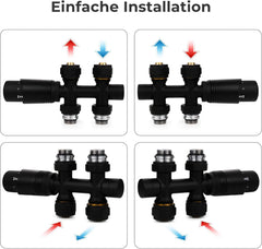 VANCOCO Schwarz Thermostat Multiblock Hahnblock Durchgang 50mm Nabenabstand | Multiblock Ventil-Armaturen Set mit Eurokonus, passend für Ø16×2 mm Kunststoffrohre & Ø15mm Kupferrohre für Heizkörper