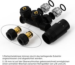 VANCOCO Schwarz Thermostat Multiblock Hahnblock Eckdurchgang 50mm Nabenabstand | Multiblock Ventil-Armaturen Set mit Eurokonus, passend für Ø16×2 mm Kunststoffrohre & Ø15mm Kupferrohre für Heizkörper