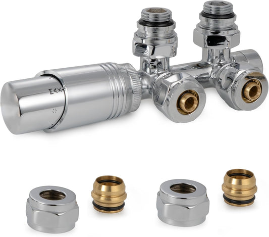 VANCOCO Chrome Thermostat Multiblock Hahnblock Eckdurchgang 50mm Nabenabstand | Multiblock Ventil-Armaturen Set mit Eurokonus, passend für Ø16×2 mm Kunststoffrohre & Ø15mm Kupferrohre für Heizkörper
