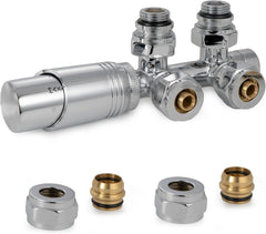 VANCOCO Chrome Thermostat Multiblock Hahnblock Eckdurchgang 50mm Nabenabstand | Multiblock Ventil-Armaturen Set mit Eurokonus, passend für Ø16×2 mm Kunststoffrohre & Ø15mm Kupferrohre für Heizkörper