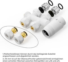 VANCOCO 2 Stk. Weiß Thermostat Multiblock Hahnblock Durchgang 50mm Nabenabstand | Multiblock Ventil-Armaturen Set mit Eurokonus, passend für Ø16×2 mm Kunststoffrohre & Ø15mm Kupferrohre für Heizkörper