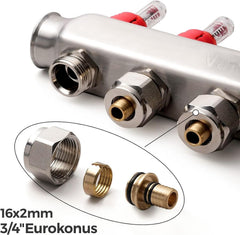 VANCOCO Heizkreisverteiler 8 Heizkreise Wasserfußbodenheizung | Verteiler mit Eurokonus 16×2 mm, 1" kompakte Kugelhähne, Durchflussmesser 5 L/min & Schnellentlüfter Set