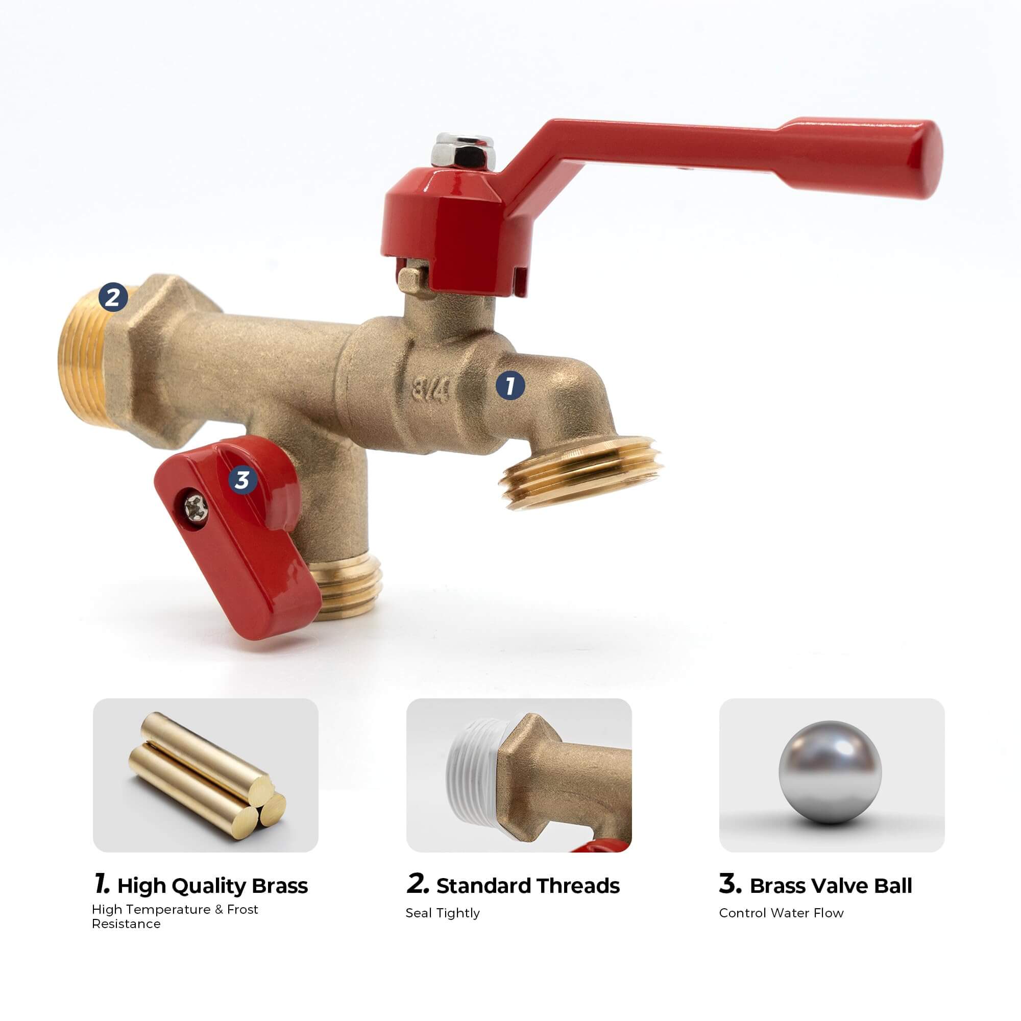 VANCOCO Outdoor Brass Garden Faucet with Dual Outlet, Wall-Mounted, 3/4" NPT Inlet