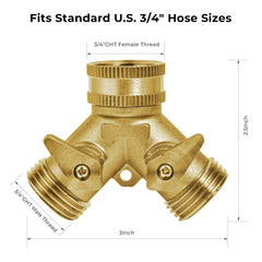 VANCOCO 2-Way Brass Garden Hose Splitter, 3/4" Heavy-Duty Y Connector with Independent Valves