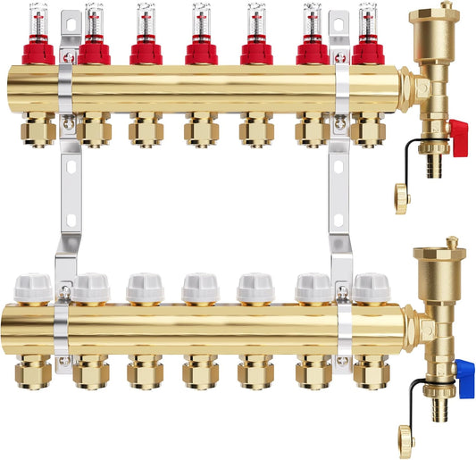 VANCOCO Heizkreisverteiler Messing 7 Heizkreise Fußbodenheizung | Verteiler mit Eurokonus 16×2 mm, Durchflussmesser & Schnellentlüfter Set