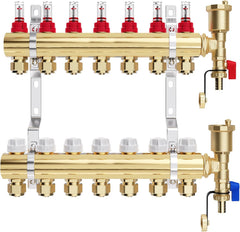 VANCOCO Heizkreisverteiler Messing 7 Heizkreise Fußbodenheizung | Verteiler mit Eurokonus 16×2 mm, Durchflussmesser & Schnellentlüfter Set