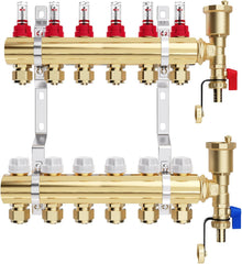 VANCOCO Heizkreisverteiler Messing 6 Heizkreise Fußbodenheizung | Verteiler mit Eurokonus 16×2 mm, Durchflussmesser & Schnellentlüfter Set